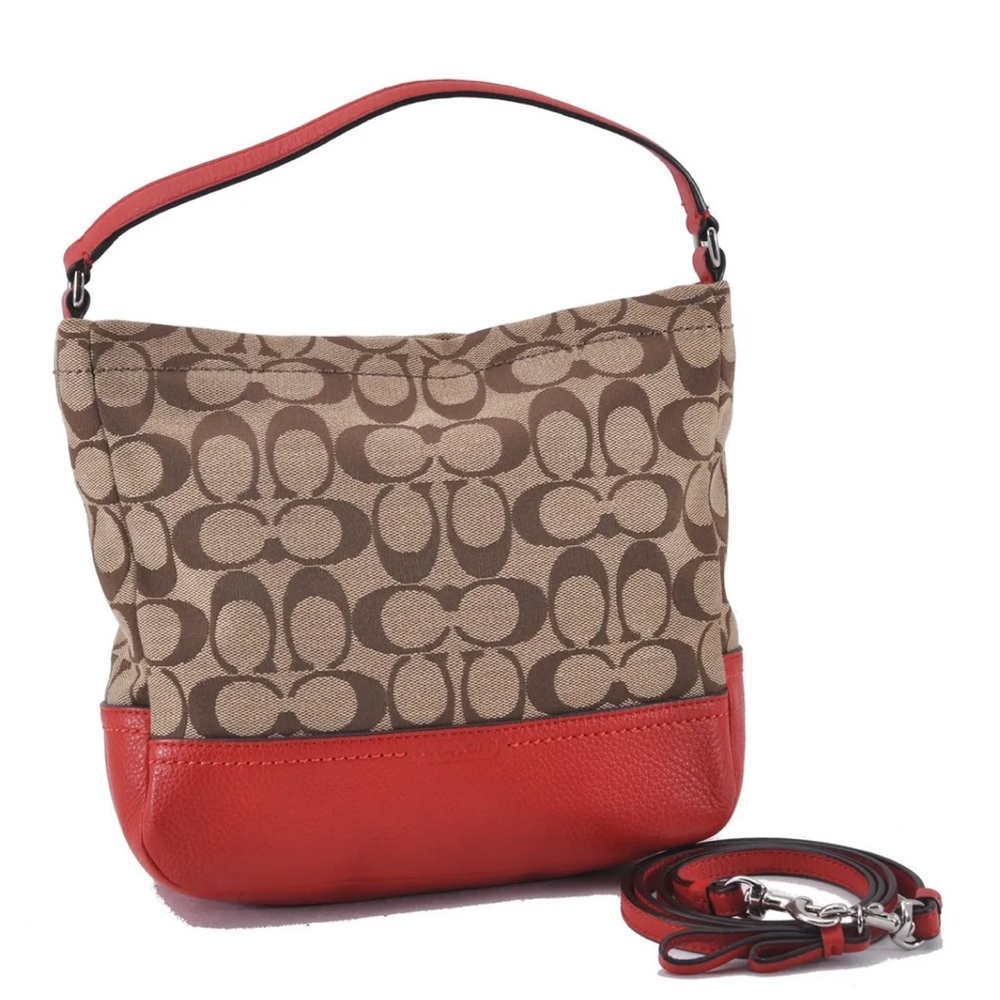 COACH Signature 2Way Shoulder Hand Bag Canvas Leather Brown Red 4491F ❤️❤️